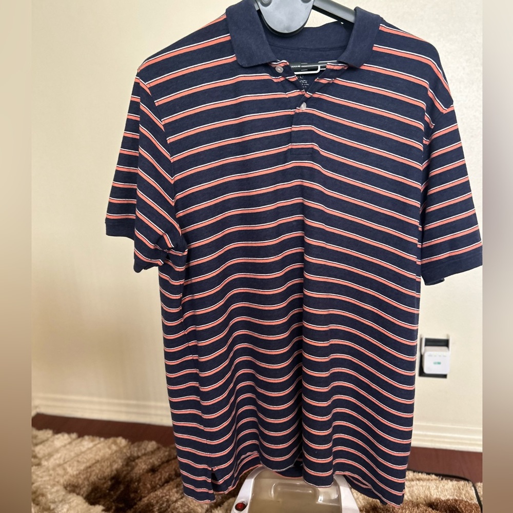 3XLT Harbor Bay polo navy orange and white stripes.